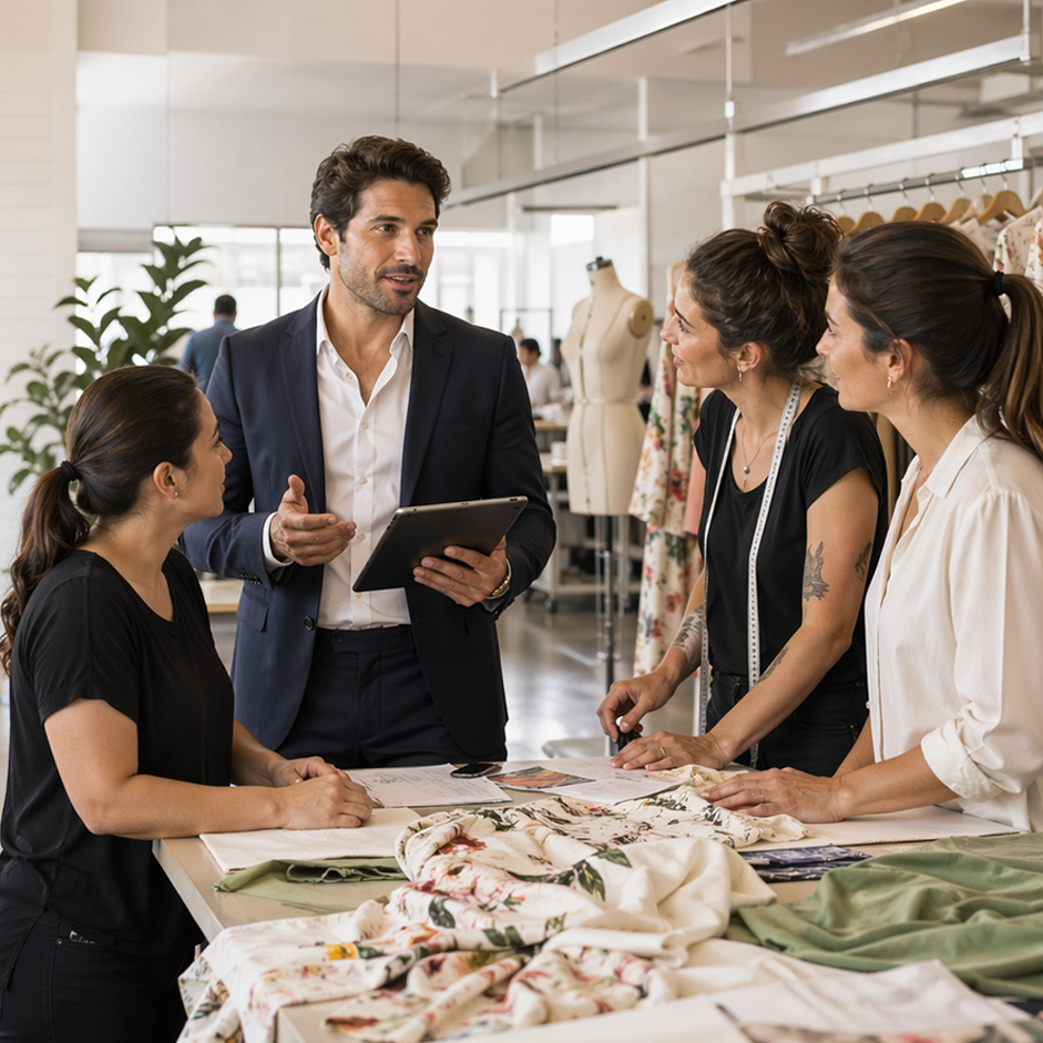 Equipe AW em reunião de construção de soluções com design de moda.